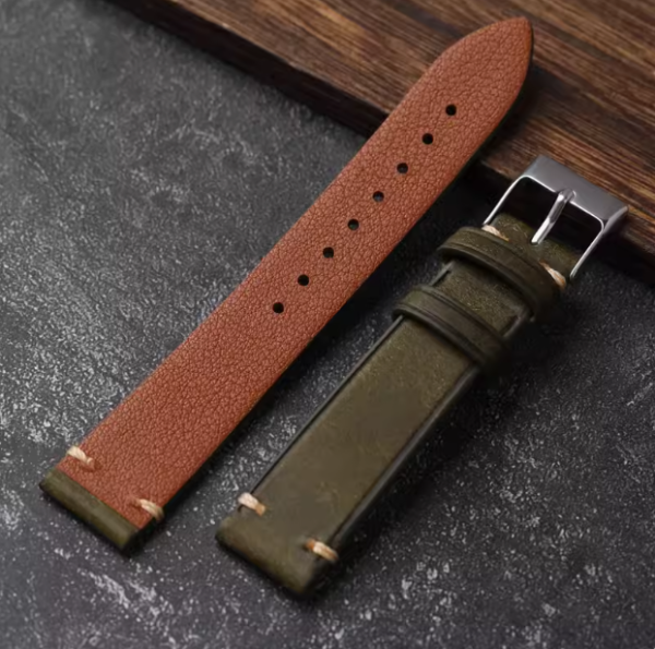 Dây da bò handmade retro màu xanh Rêu - size 18mm/ 20mm/ 22mm