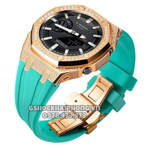 Bộ vỏ Rose Gold nạm full đá- Dây cao su ( Kích vào sp chọn màu dây ) 