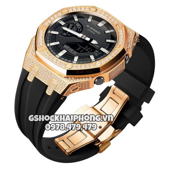 Bộ vỏ Rose Gold nạm full đá- Dây cao su ( Kích vào sp chọn màu dây ) 