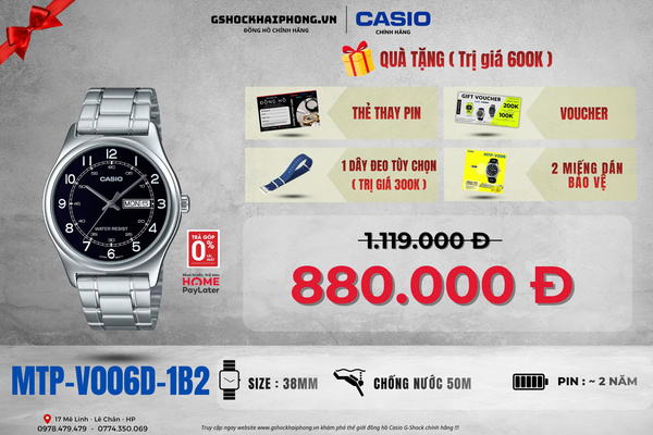 CASIO MTP-V006D-1B2 QUÀ TẶNG TRỊ GIÁ 600K 