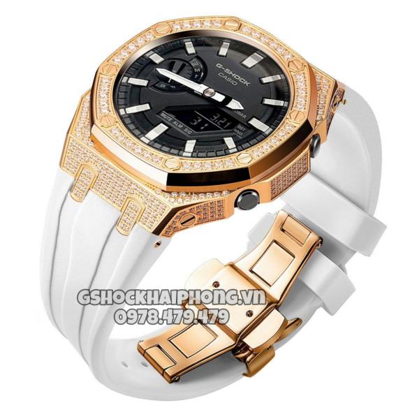 Bộ vỏ Rose Gold nạm full đá- Dây cao su ( Kích vào sp chọn màu dây ) 