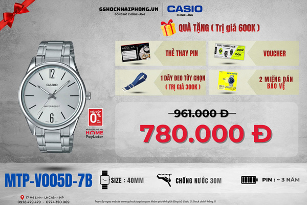CASIO  MTP-V005D-7B  - QUÀ TẶNG TRỊ GIÁ 600k