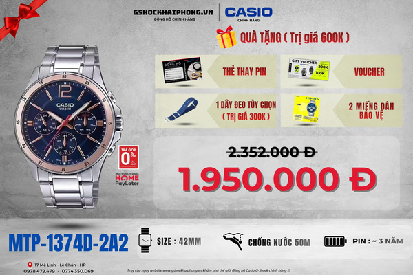 CASIO MTP-1374D-2A2  - QUÀ TẶNG TRỊ GIÁ 600K