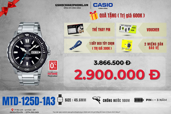 CASIO MTD-125D-1A3 - QUÀ TẶNG TRỊ GIÁ 600K 