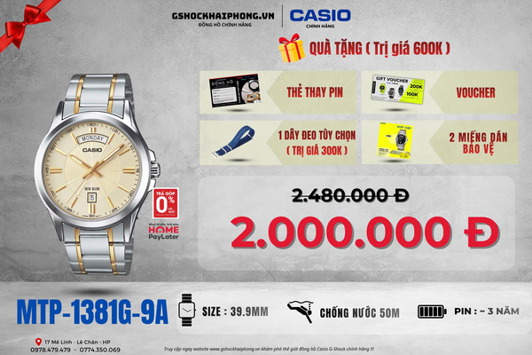 CASIO MTP-1381G-9A - QUÀ TẶNG TRỊ GIÁ 600K 