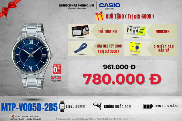 CASIO MTP-V005D-2B5 - QUÀ TẶNG TRỊ GIÁ 600k