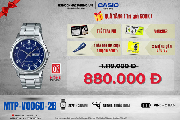 CASIO MTP-V006D-2B  - QUÀ TẶNG TRỊ GIÁ 600K 