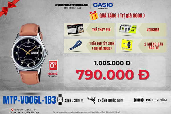 CASIO MTP-V006L-1B3 QUÀ TẶNG TRỊ GIÁ 600K 
