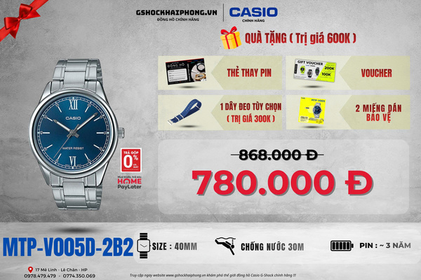 CASIO MTP-V005D-2B2 - QUÀ TẶNG TRỊ GIÁ 600k