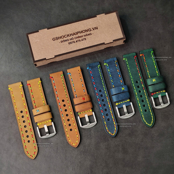 Dây da bò Crazy Horse phối chỉ màu Độc 01 - size 20mm/ 22mm/ 24mm/ 26mm