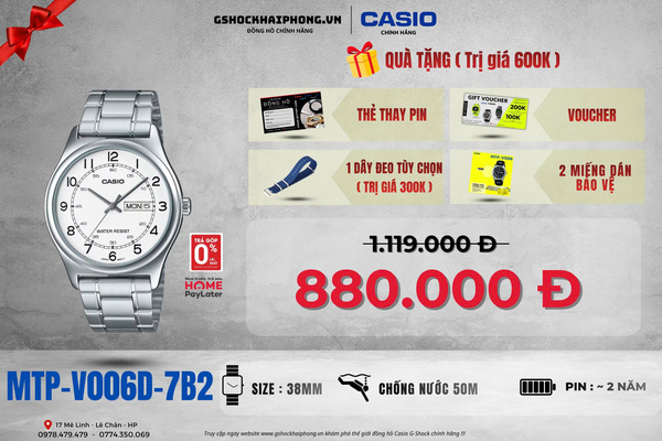 CASIO MTP-V006D-7B2 QUÀ TẶNG TRỊ GIÁ 600K 