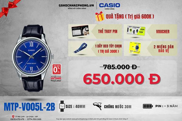 CASIO MTP-V005L-2B  - QUÀ TẶNG TRỊ GIÁ 600k